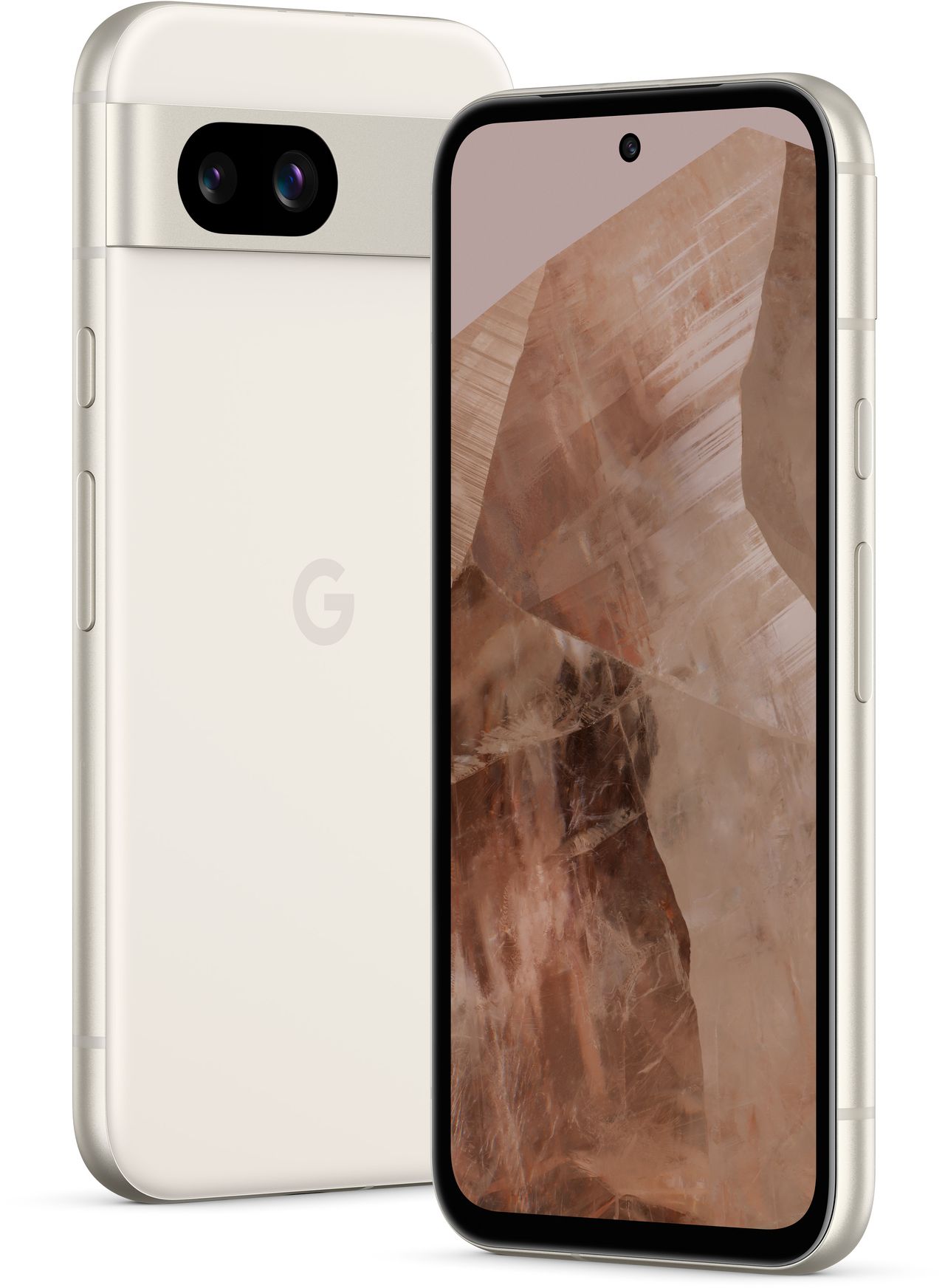 An official product render of the front and back of the Porcelain Google Pixel 8a