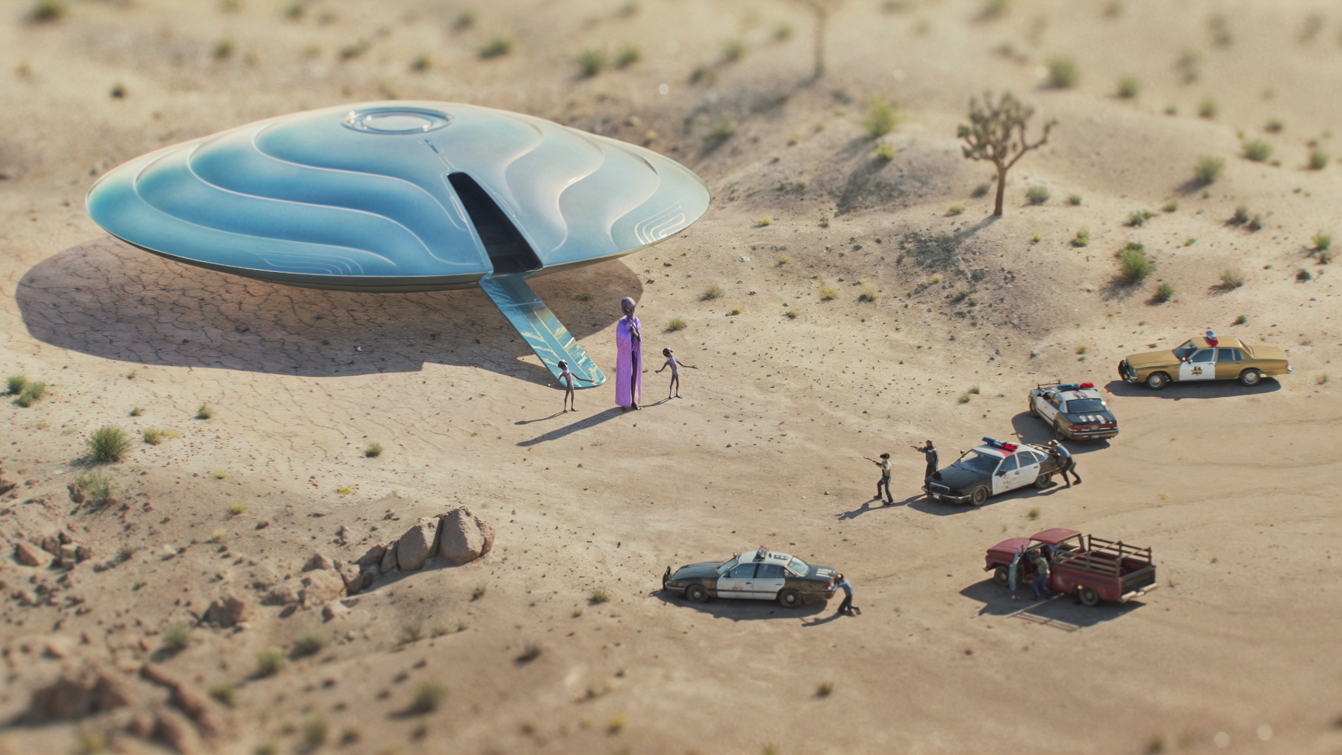 A tiny UFO with an alien delgation emerging from it, being greeted by a police blockade.
