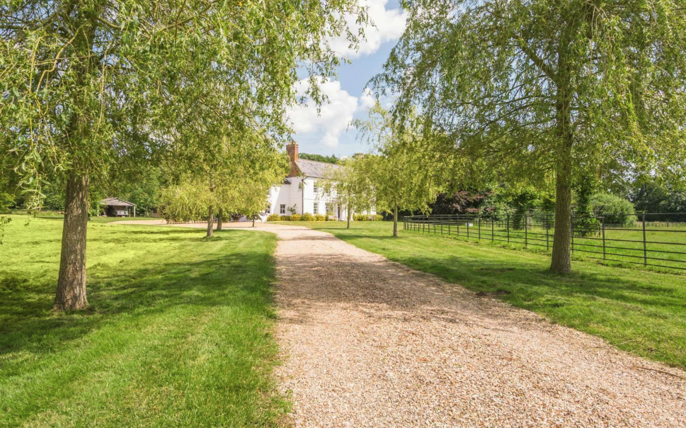 The tree-lined drive leading up to the house
