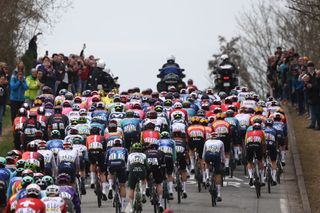 The pack of riders cycles during the 1st stage of the Paris-Nice cycling race, 156,1 km between Le Perray-en-Yvelines and Le Perray-en-Yvelines, on March 9, 2025. (Photo by Anne-Christine POUJOULAT / AFP)