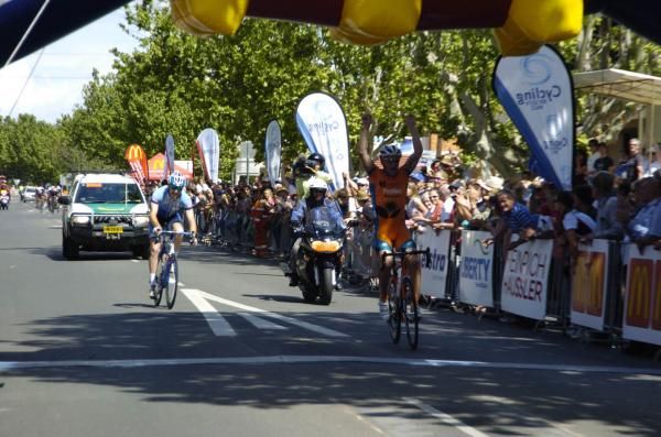 Tasmania's Nathan Earle (Genesys Wealth Advisers) celebrates his win as he crosses the line.