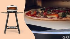 A Gozney Arc Pizza Oven on its stand next to an image of a pizza being cooked in the Gozney Arc