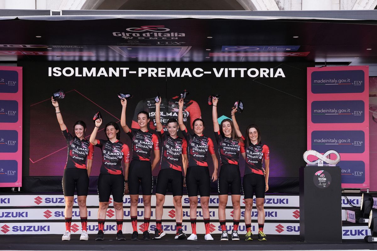 Isolmat-Premac-Vittoria on stage at the 2024 Giro d'Italia Women at the teams presentation at the Piazza della Loggia in Brescia
