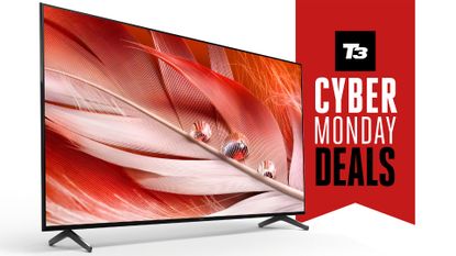 Sony X90J with sign saying Cyber Monday deals