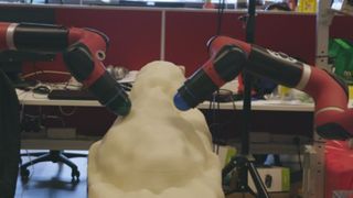 A robotic sheep shearer practicing on a model.