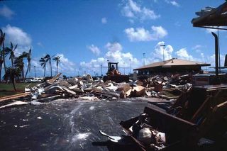 Damage to the Lihue Airport on Kauaʻi after Hurricane Iniki hit Hawaii as a Category 4 storm in 1992.