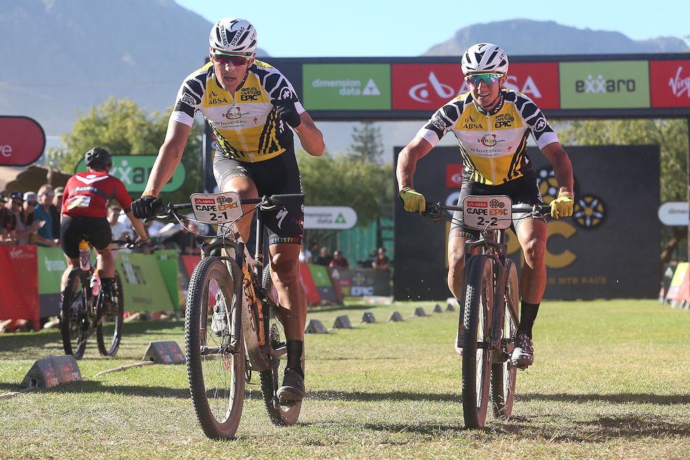 Jaroslav Kulhavy and Howard Grotts (Investec Songo Specialized) finish stage 5 at Cape Epic