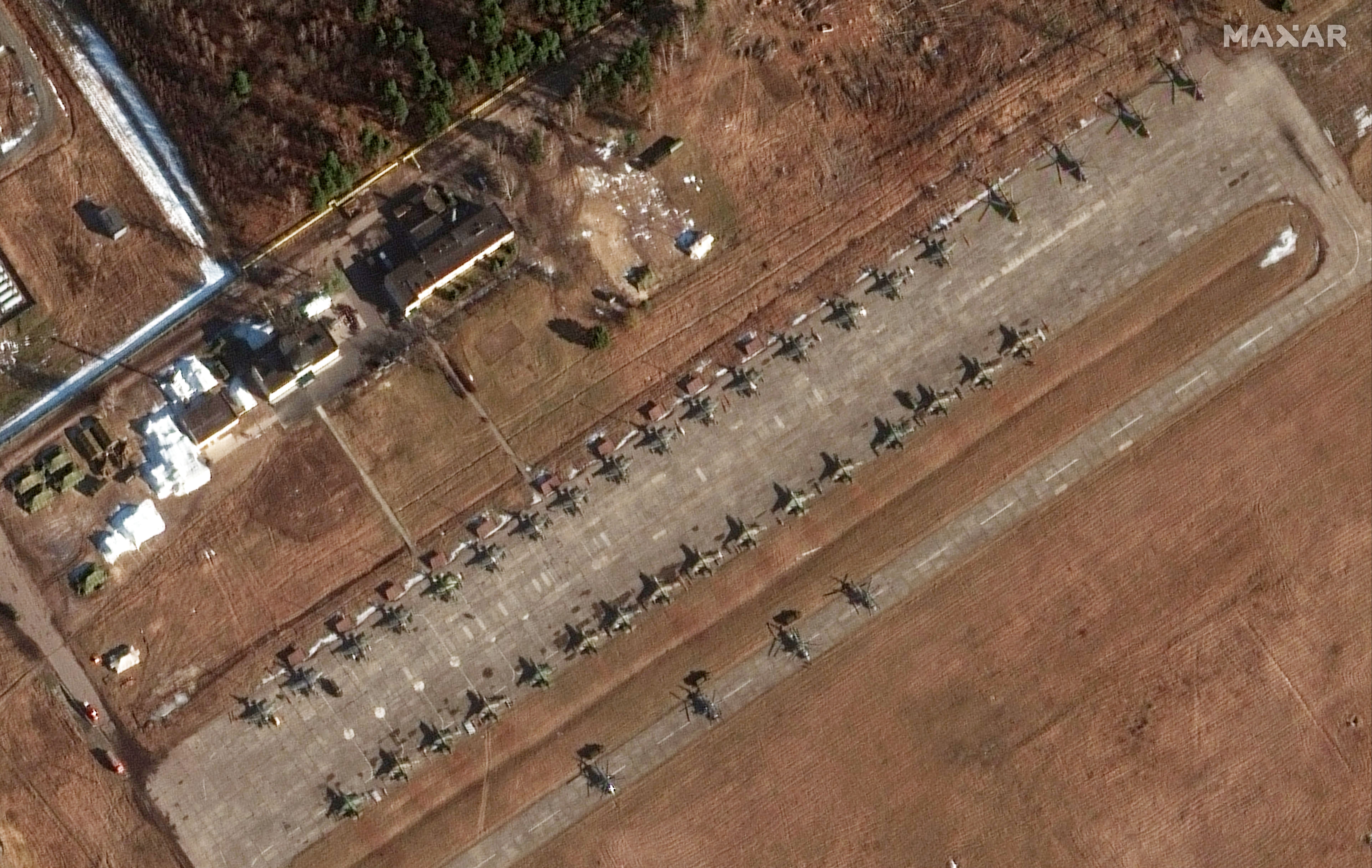 Ground attack aircraft at Luninets Air Base in Belarus, as seen on Feb. 14, 2022.