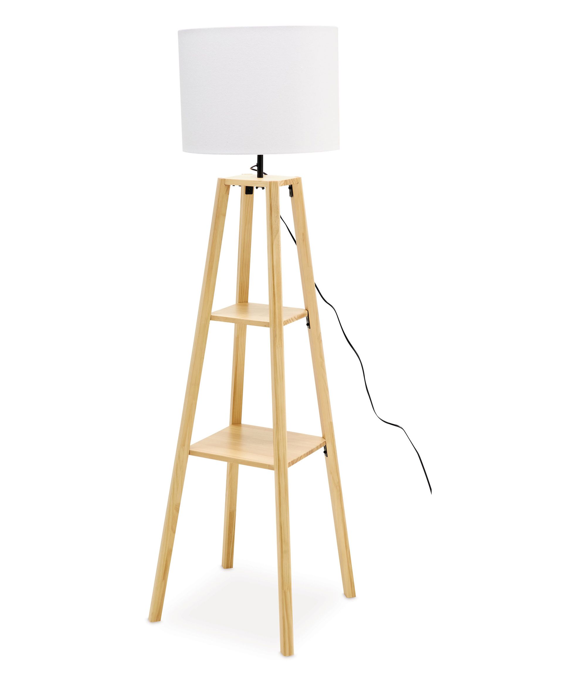 Aldi shelved lamp in pale pine with linen shade