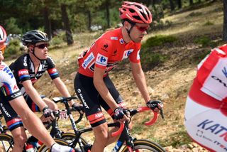 Race Leader, Tom Dumoulin in action on Stage 18 of the 2015 Vuelta Espana (Watson)