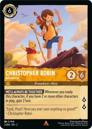 Disney Lorcana Christopher Robin, Adventurer card depicting Christopher Robin and Winnie the Pooh crossing a tree trunk