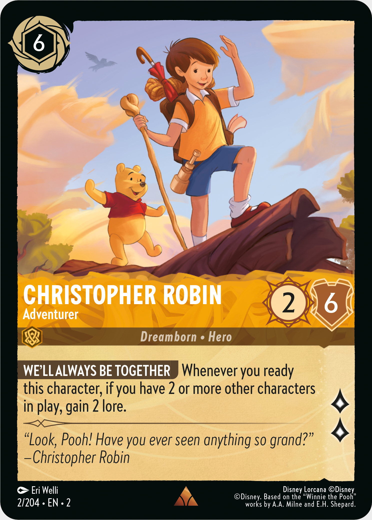 Disney Lorcana Christopher Robin, Abenteurerkarte, die Christopher Robin und Winnie the Pooh beim Überqueren eines Baumstamms zeigt