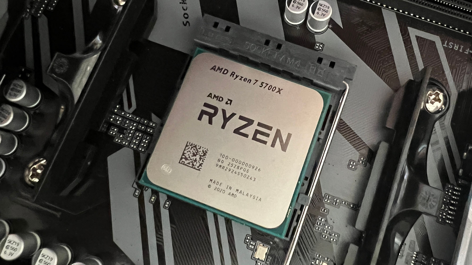 A processor slotted into a motherboard