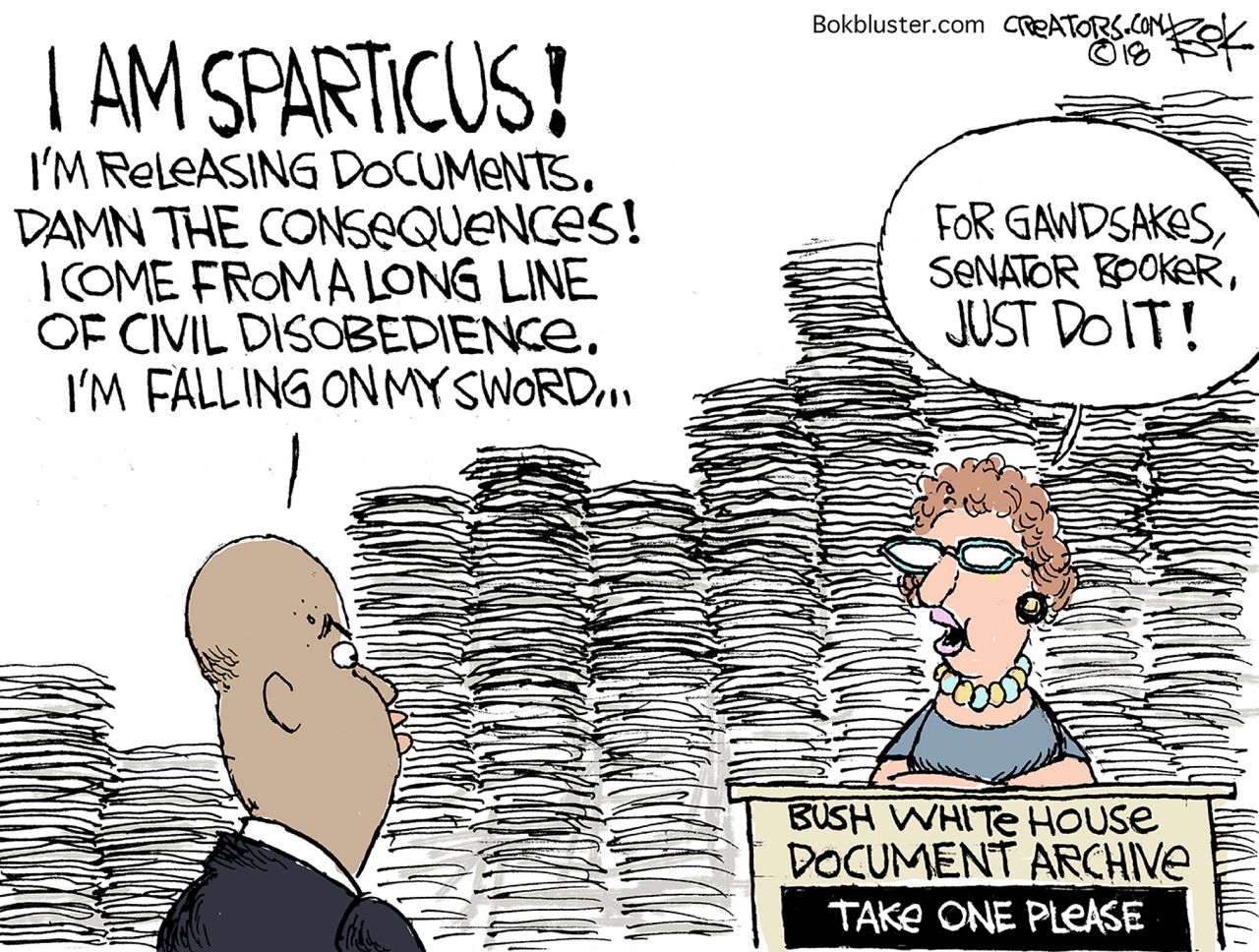 Political cartoon U.S. Senator Cory Booker releasing documents Brett Kavanaugh Bush white house