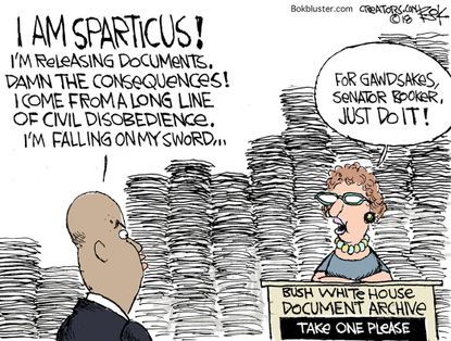 Political cartoon U.S. Senator Cory Booker releasing documents Brett Kavanaugh Bush white house