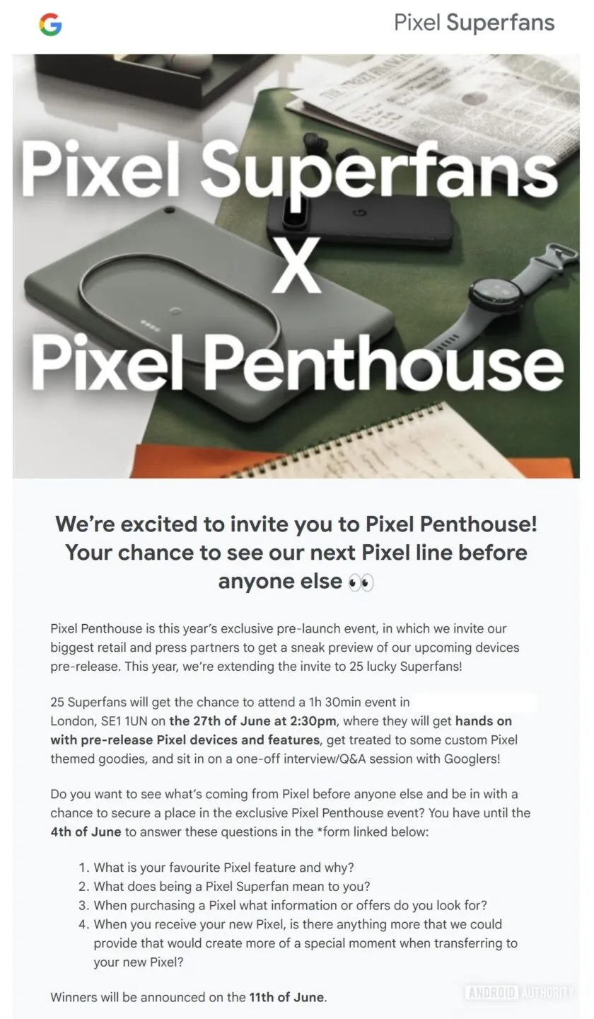 Screenshot of a Pixel Superfans event invite (May 2025)