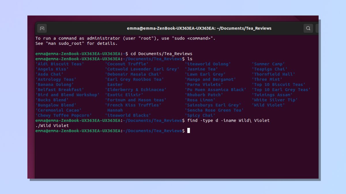 Снимок экрана, показывающий, как найти файл с помощью командной строки Linux — команда find