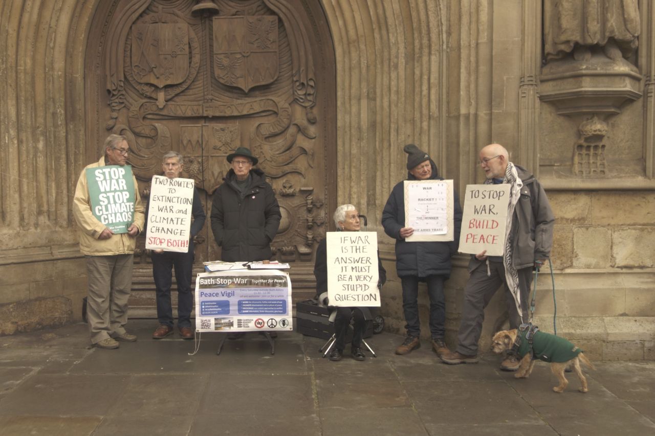 Protestors in the city of Bath, UK, with retro photo picture effect
