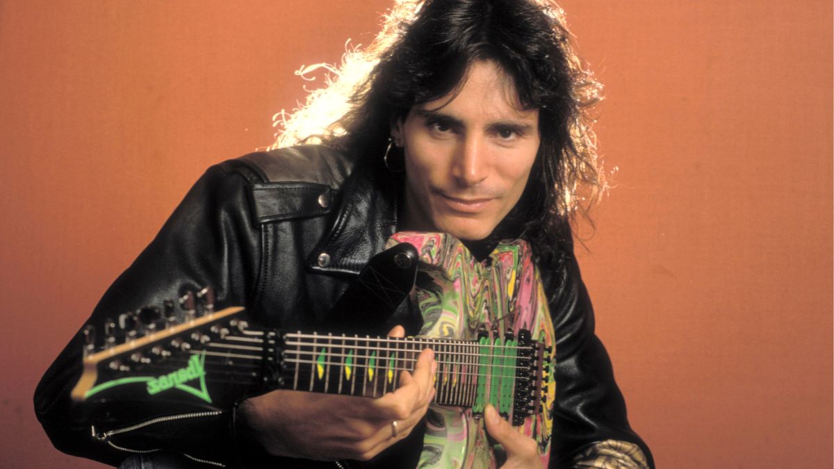 Guitar player Steve Vai poses at a Hotel in Amsterdam, Netherlands on 24th April 1990