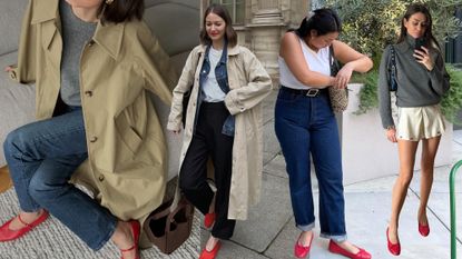 fashion collage of four stylish influencers including Lucy Alston, Marissa Cox, Marina Torres, and Anne-Laure Mais wearing outfits with red ballet flats
