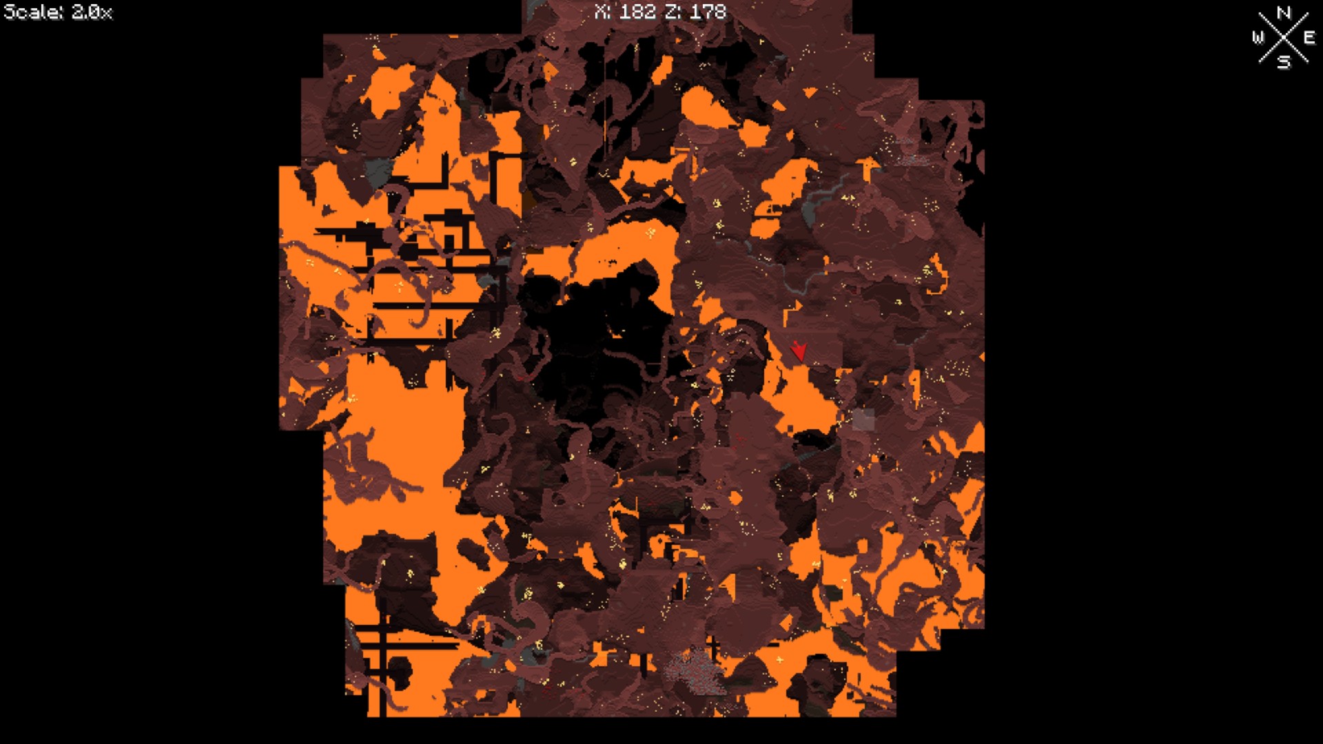 A top down view of a map of The Nether, enabled because of the Minecraft mod Xaero's World Map.