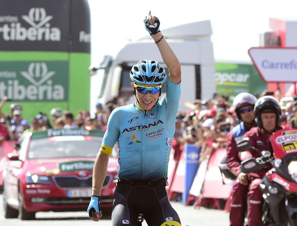 Miguel Angel Lopez celebrates his second stage victory at the 2017 Vuelta a Espa&ntilde;a.