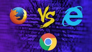 Firefox vs Chrome vs Edge: Browser logos, with a video-game-styled 'versus' initialism in the middle, on a purple background