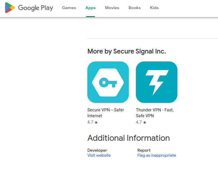 ThunderVPN Google Play page