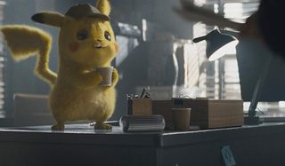 Detective Pikachu enjoying a cup of coffee standing on Harry's desk