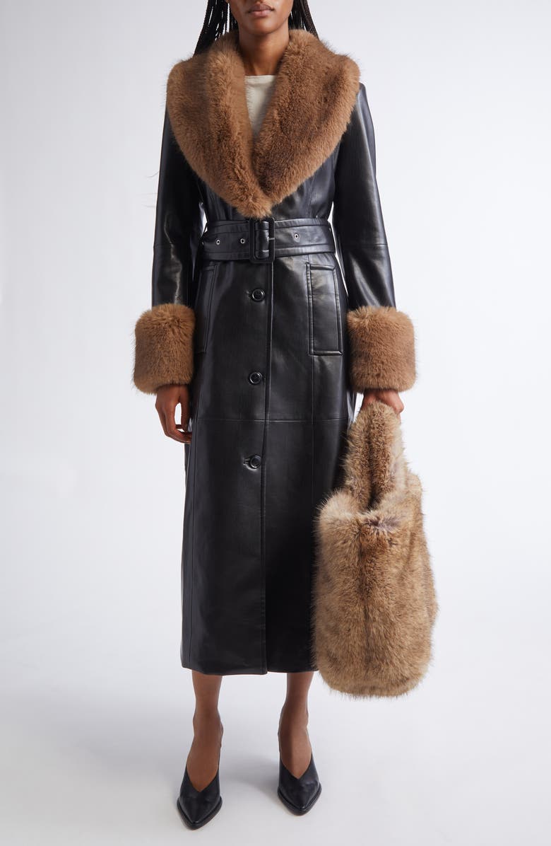 Estella Belted Faux Leather Coat With Faux Fur Trim