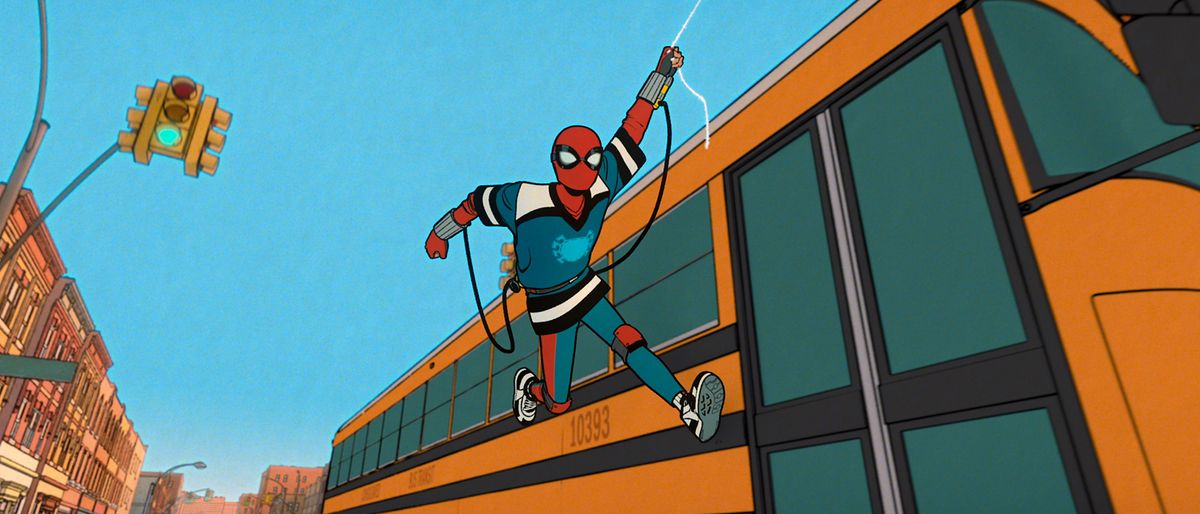 Spider-Man using his webbing to swing next to a yellow school bus in Your Friendly Neighborhood Spider-Man