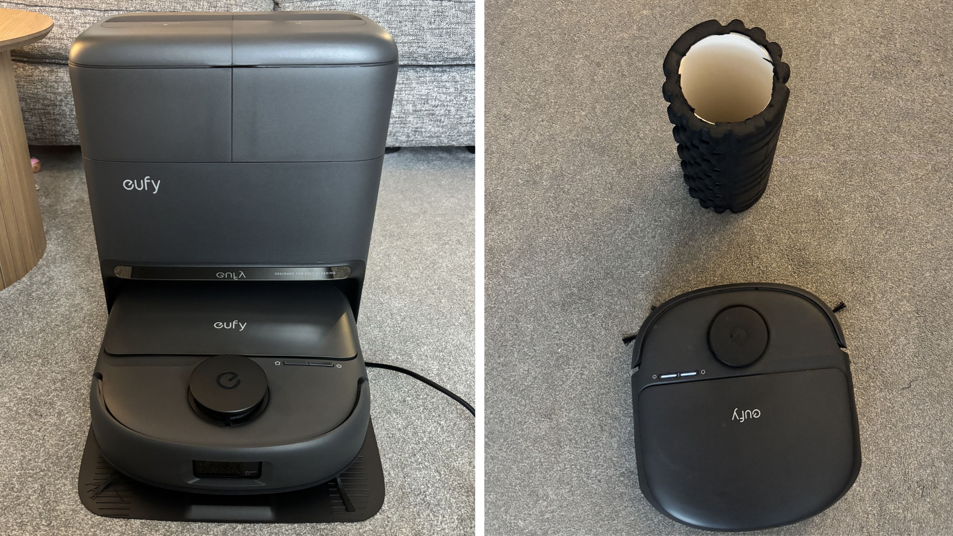 Side by side images of the Eufy Omni C28 docking station and diverting around an obstacle on grey carpet