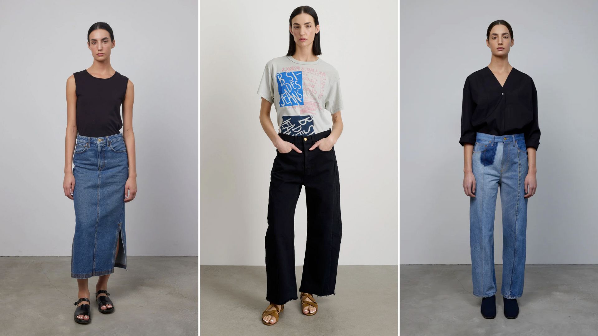 A composite of models wearing jeans made in the usa from B Sides