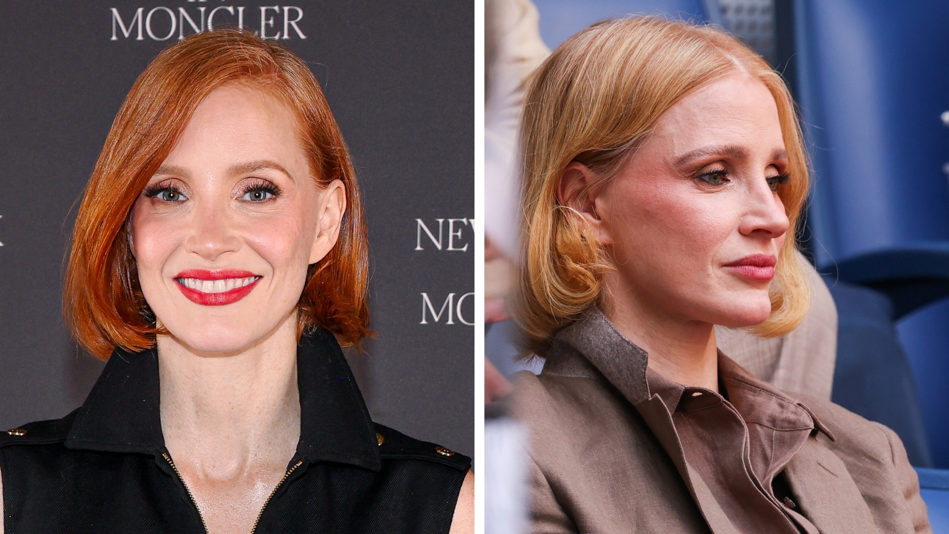 On the left is a picture of Jessica Chastain with red hair at the Moncler Fifth Avenue Flagship Opening at 767 Fifth Avenue on September 10, 2026 in New York City, alongside a picture of her with warm blonde hair, on Day Fourteen of the 2026 US Open on September 12, 2026