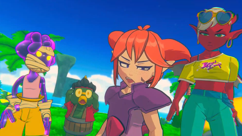 Screenshot from Demon Tides, showing a close-up of a colorful cast of characters