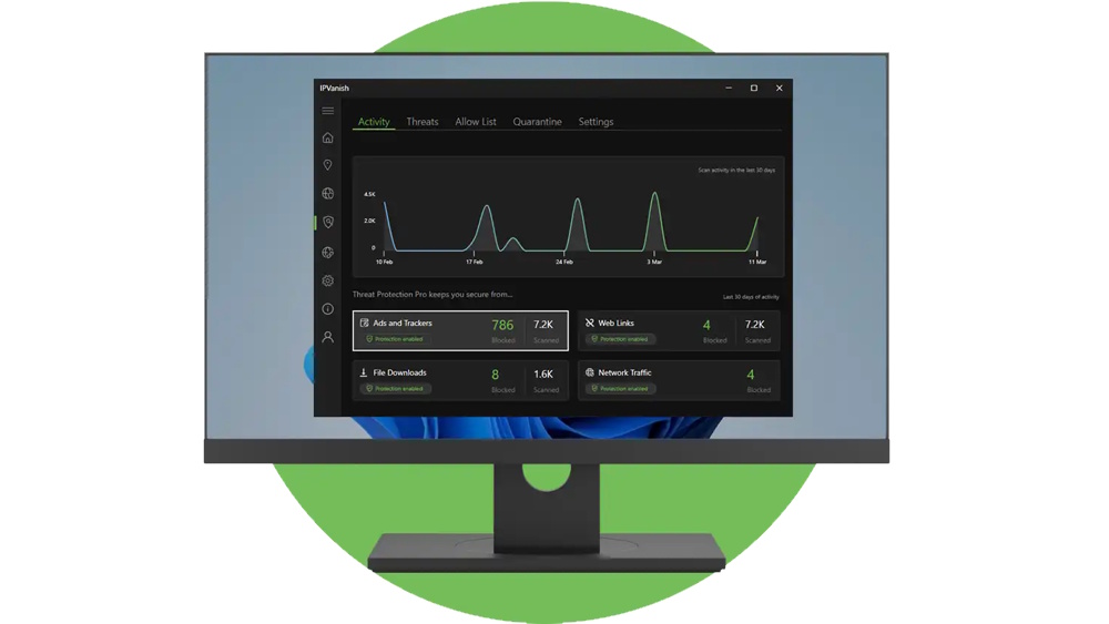 IPVanish's Threat Protection Pro tools working on a Windows PC.