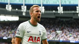 Tottenham Hotspur striker Harry Kane celebrates a goal for Tottenham against Wolves.