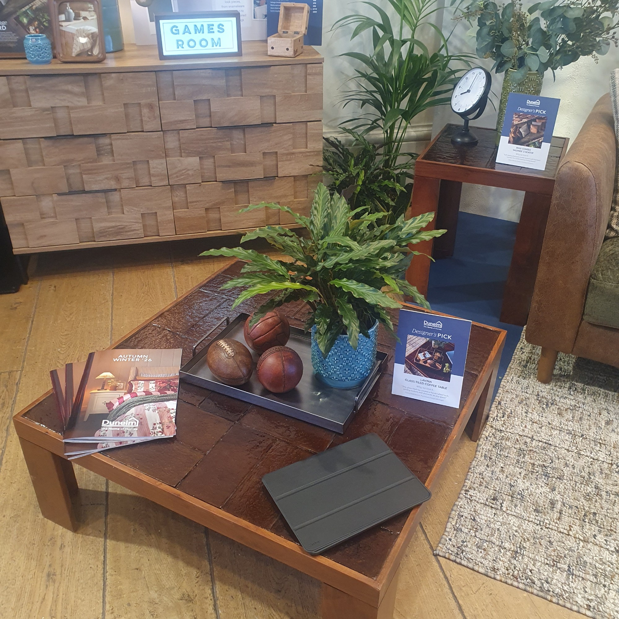 The Lavina glass tiled coffee table and matching side table at Dunelm's autumn/winter 2026 press show