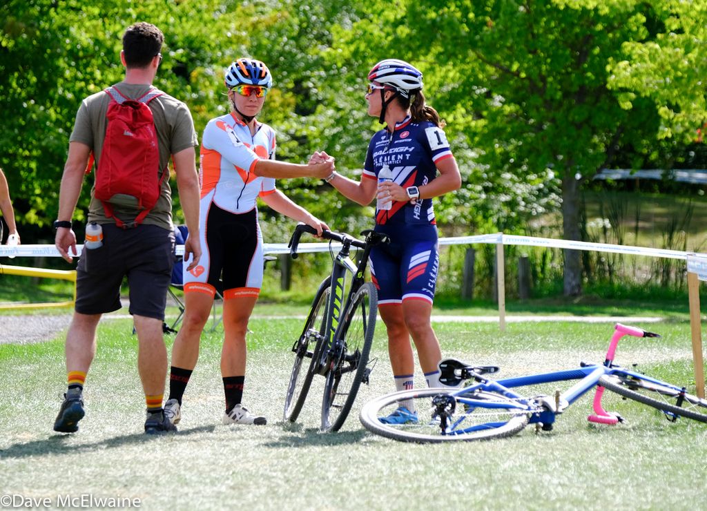 Rebecca Fahringer and Caroline Mani congratulate each other at the finish.