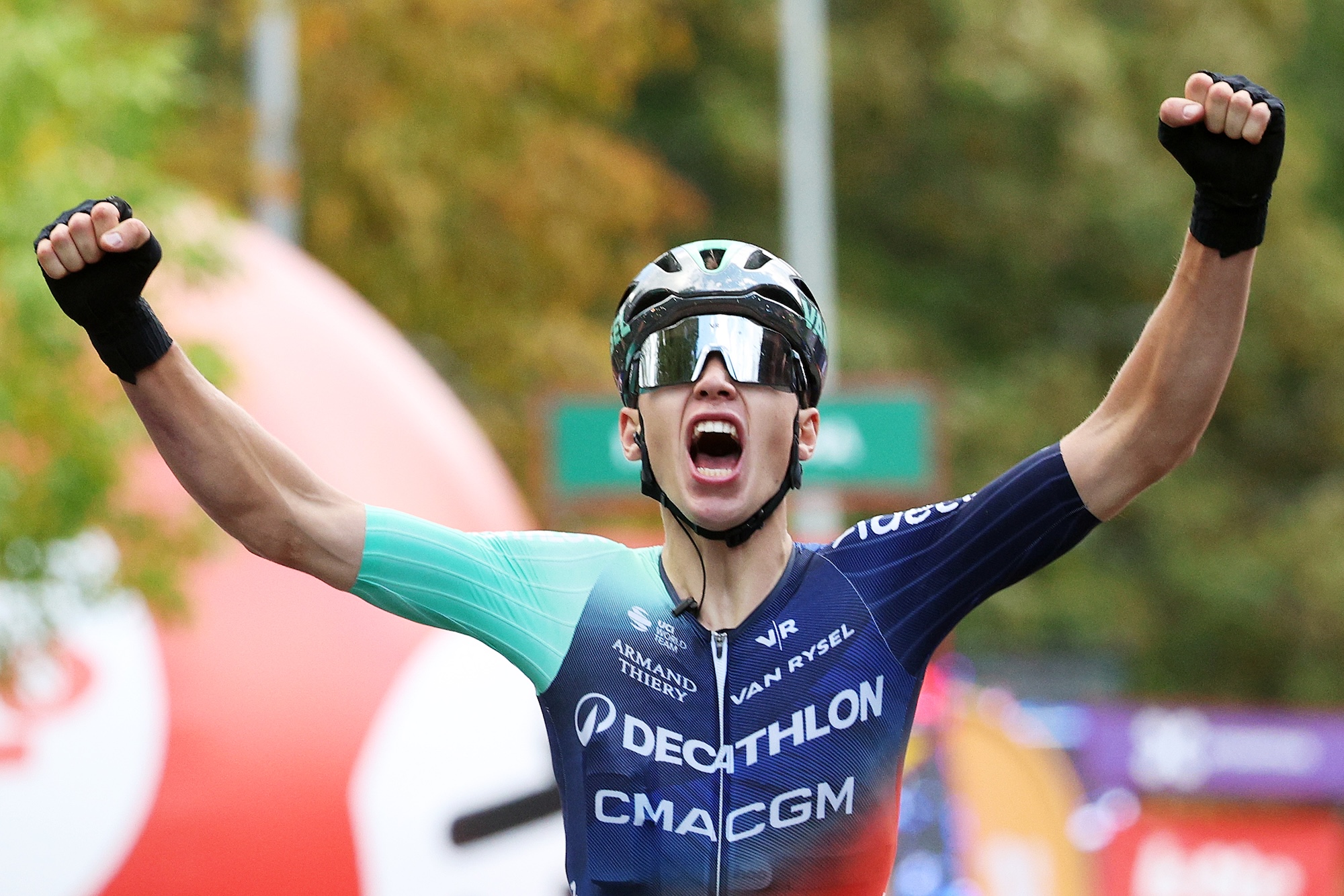 Aubin Sparfel of France and Team Decathlon CMA CGM Team celebrates at finish line as race winner the 66th Grand Prix de Wallonie 2026
