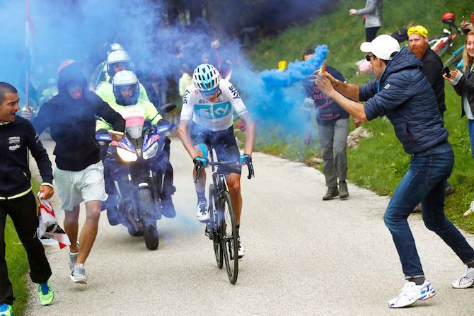 Chris Froome (Team Sky) puts his head down and heads to victory on stage 14 of the Giro on the Zoncolan