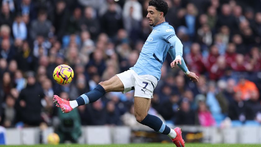 Omar Marmoush of Manchester City scores his first goal during the Premier League match between Manchester City FC and Newcastle United FC at Etihad Stadium on February 15, 2025 in Manchester, England.