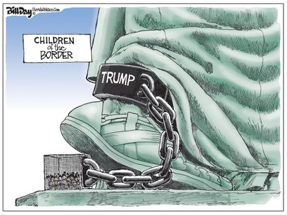 Political Cartoon Statue of Liberty Chained Migrant Cages