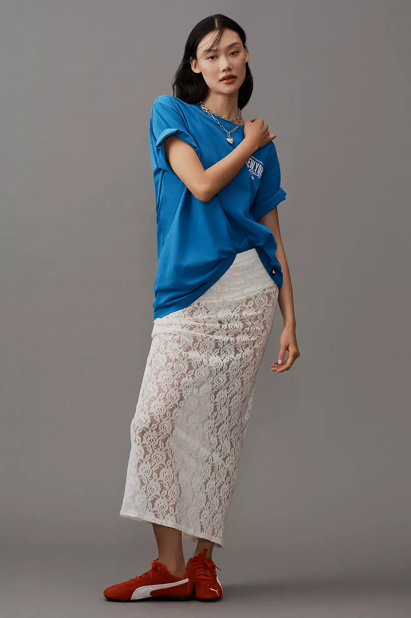 By Anthropologie Sheer Lace Midi Skirt