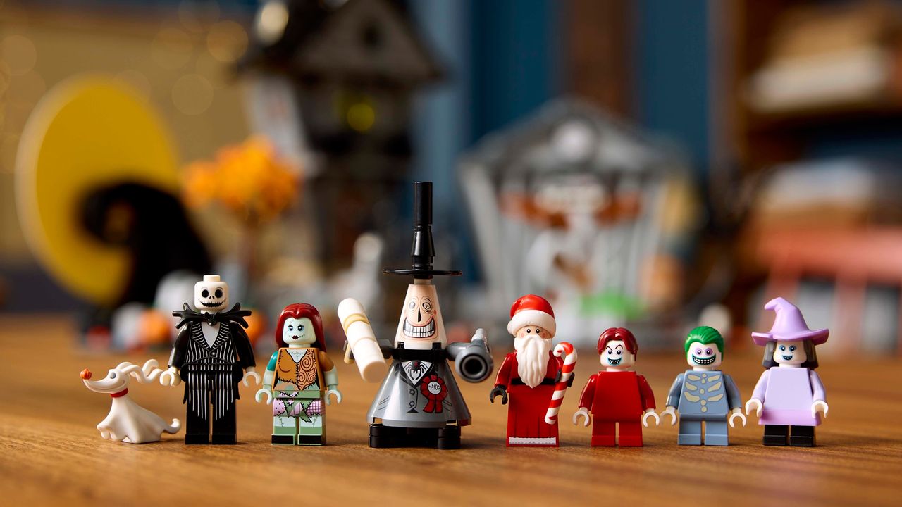 The Lego Nightmare Before Christmas kit in parts, on a wooden table