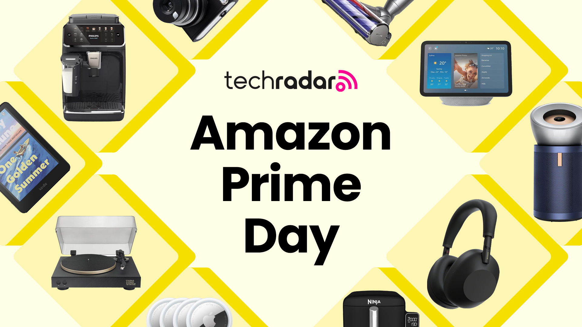 A collection of tech items on Amazon arranged around a TechRadar Prime Day deals badge on a yellow background