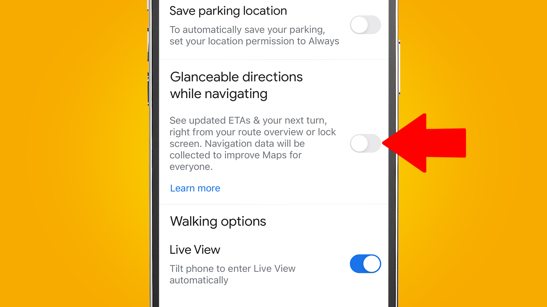 A phone on a yellow background showing the Google Maps glanceable directions option in settings