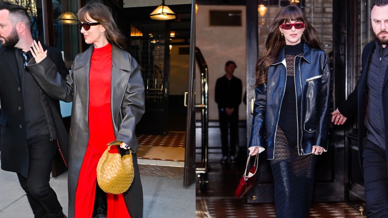 Dakota Johnson seen in New York City carrying a Bottega Veneta bag and a Gucci bag