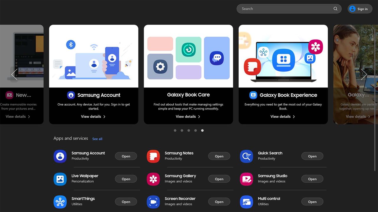 Image showing the home page for Samsung apps and services on Galaxy Book5 Pro 360.