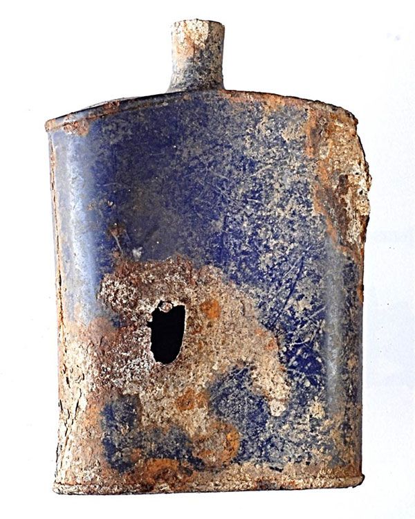 water bottle with bullet hole was among the artifacts found at a world war I battlefield in Turkey.